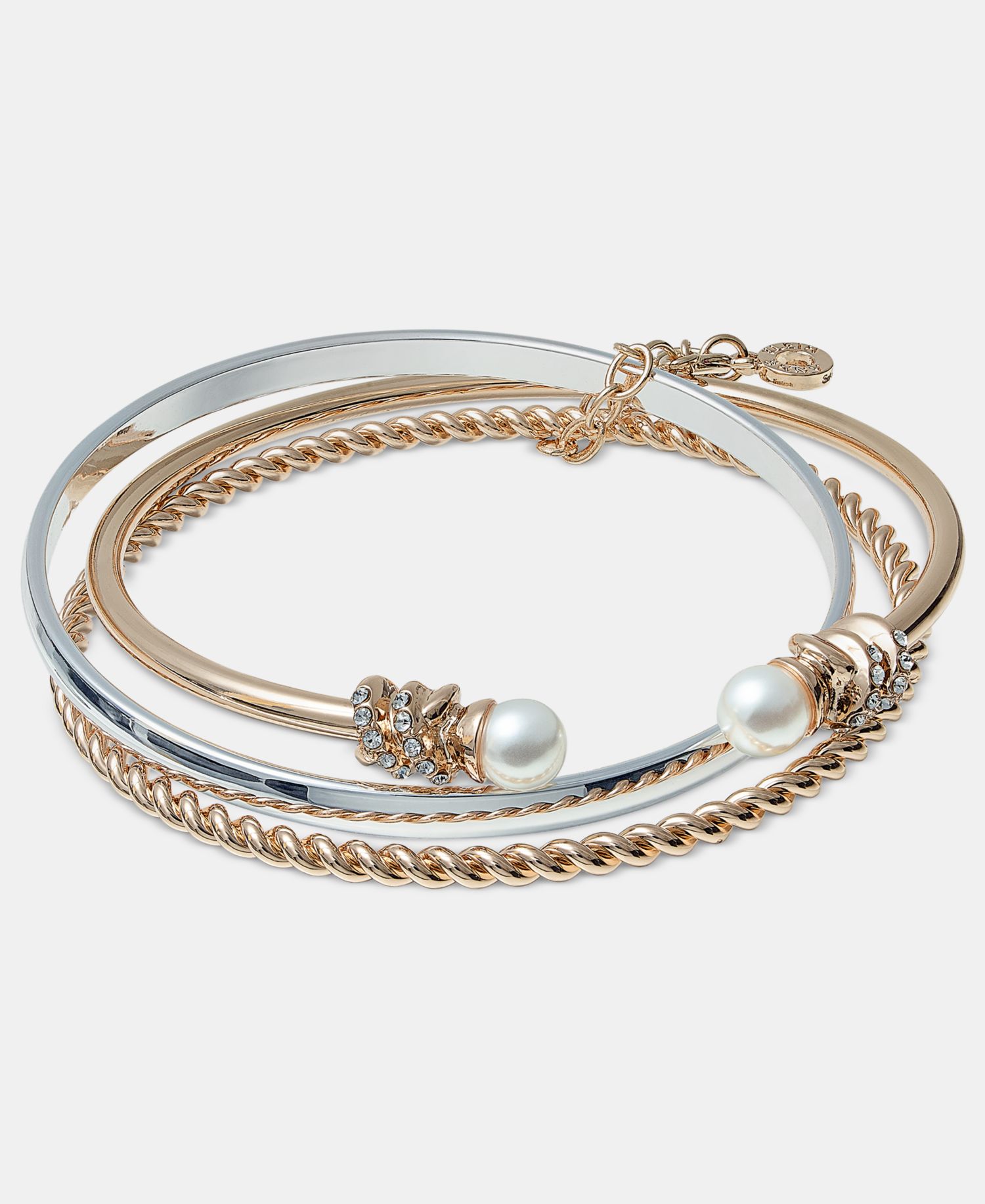 Two-Tone Boxed 3-Pc. Metal Imitation Pearl Bangle Bracelet Set
