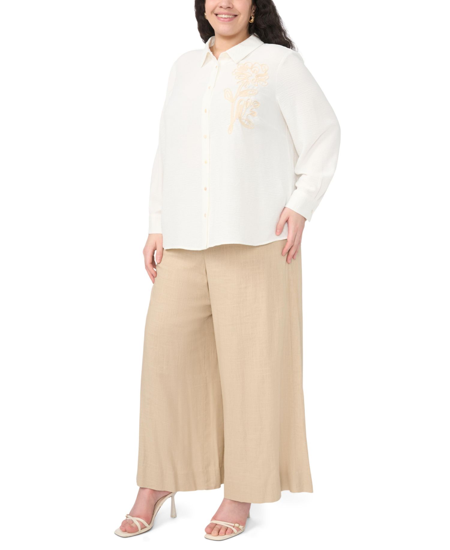 Plus Size Button-Down Tunic Flower Applique Blouse