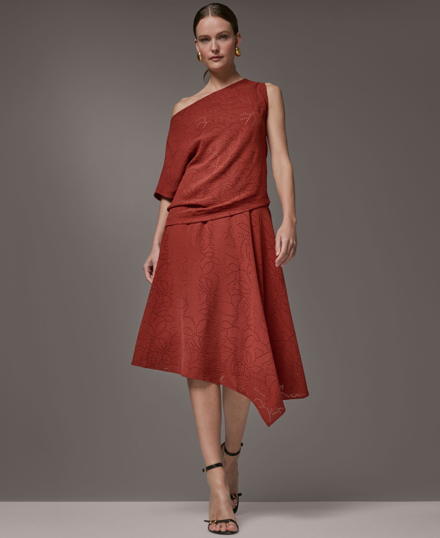 Women's Asymmetric Neck Laser Cut Top and Laser Cut High-Low Skirt