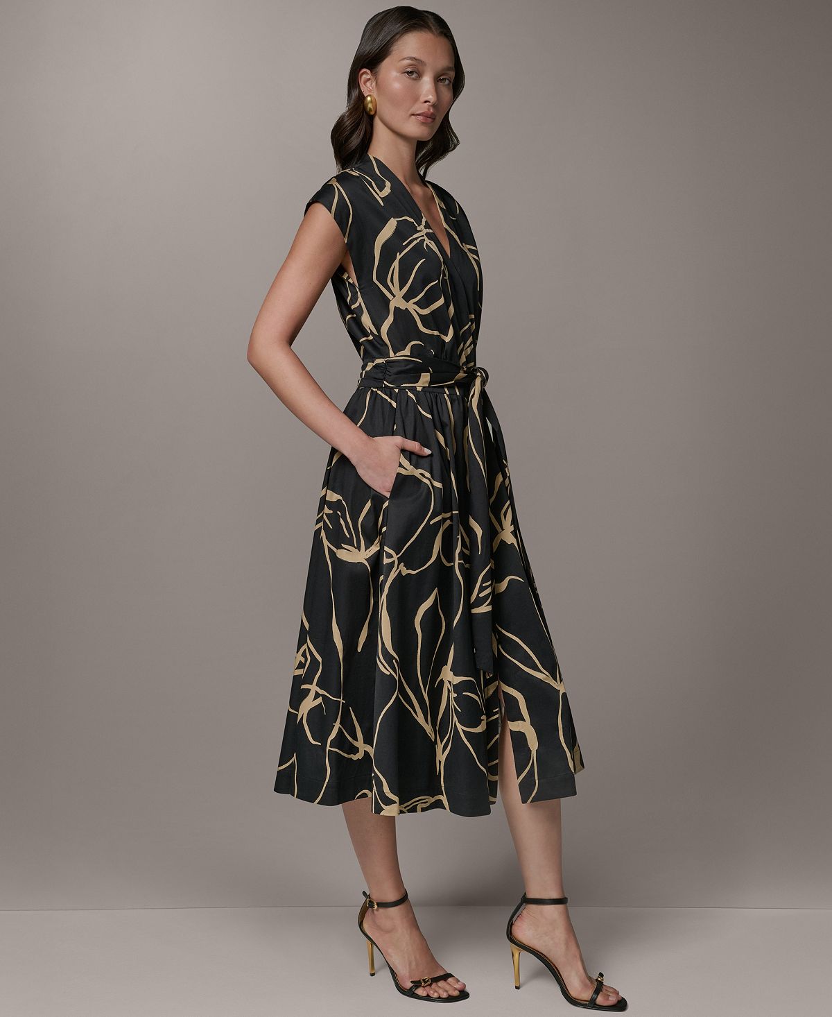 Donna Karan New York Women's Printed Tie Belt V-Neck Midi Dress view 4 — MAYCSS fashion products