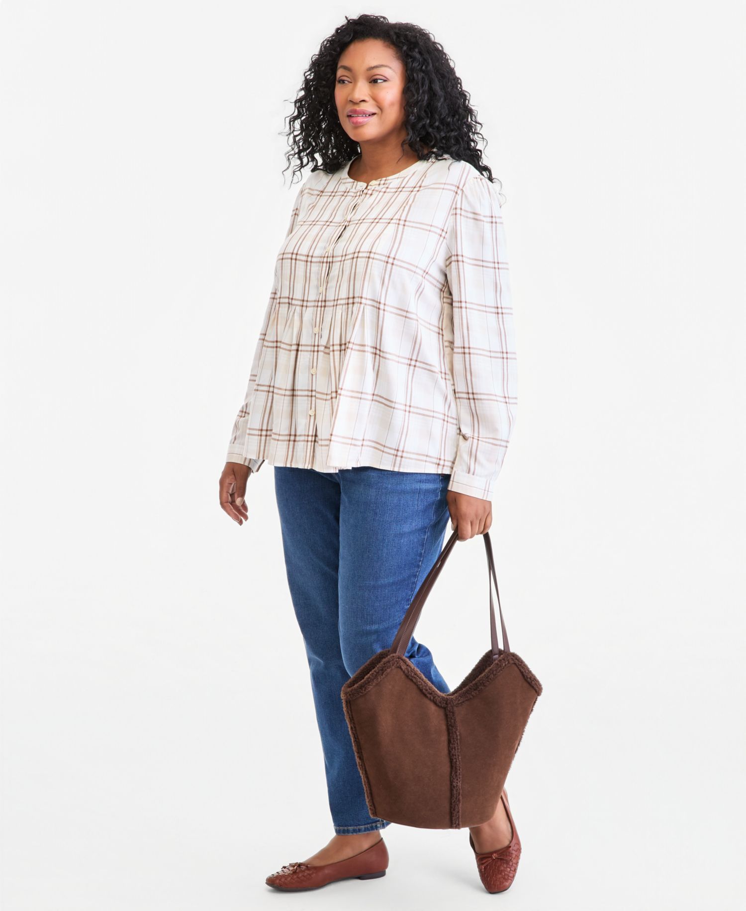 Plus Size Plaid Long-Sleeve Pleat Front Top