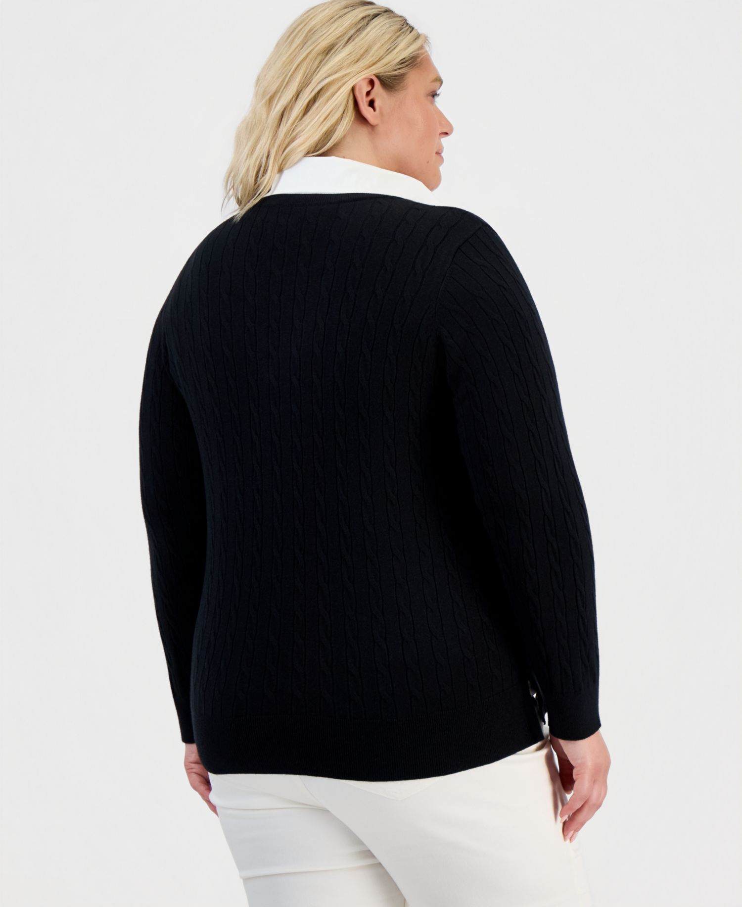 Plus Size Two-Fer Cable-Knit Collared Sweater, Macy's Exclusive