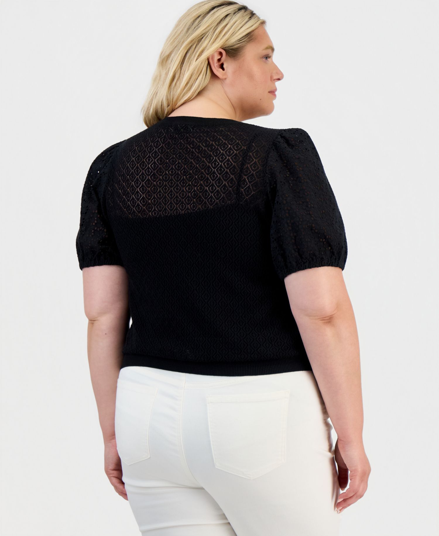 Plus Size Mixed-Media Pointelle Short-Sleeve Sweater