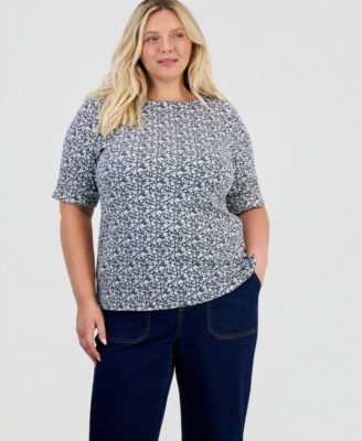 Plus Size Printed Boat-Neck Elbow-Sleeve Top