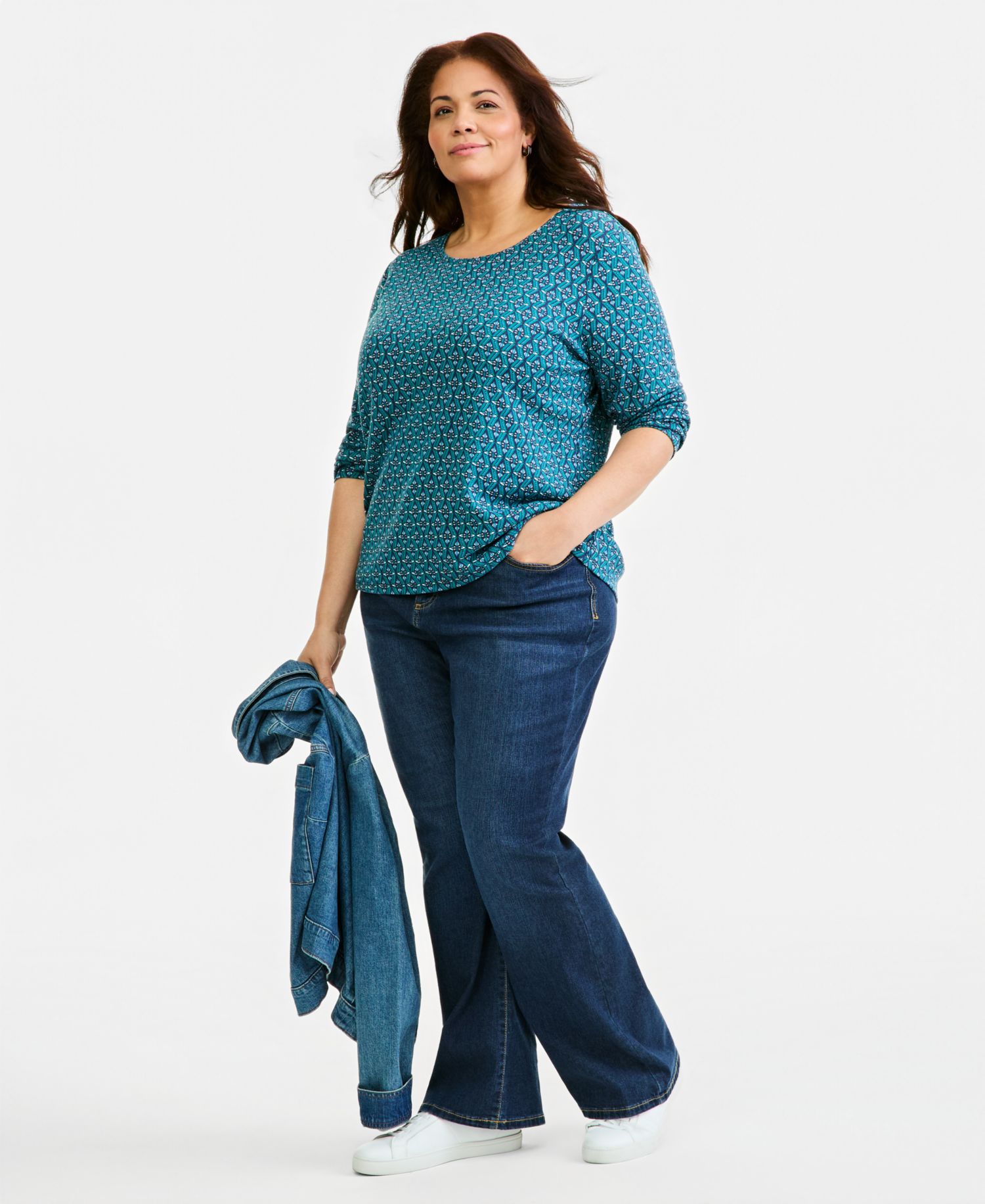 Petite Printed Long-Sleeve Scoop-Neck Top