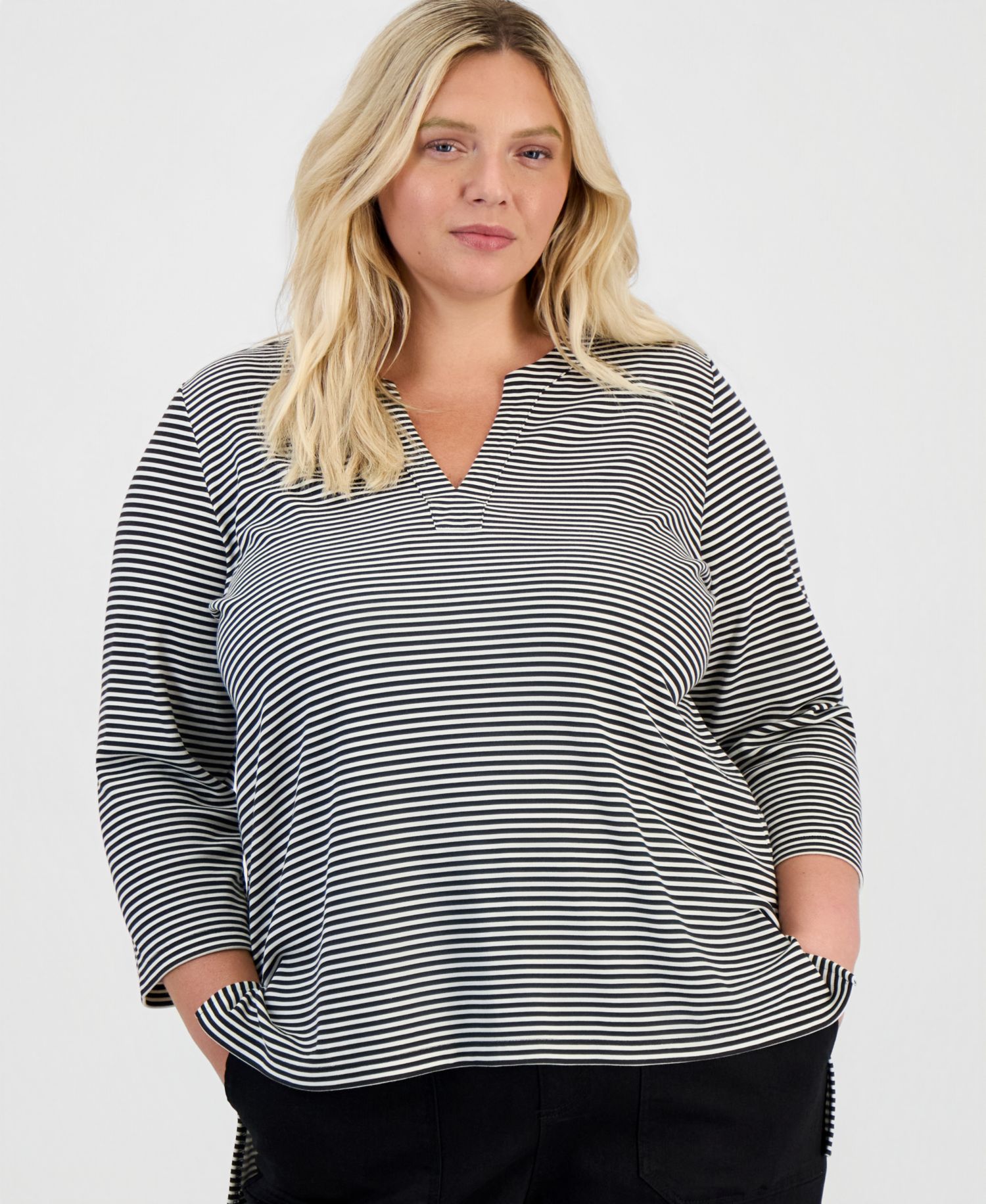 Plus Size Striped 3/4-Sleeve Split-Neck Tunic