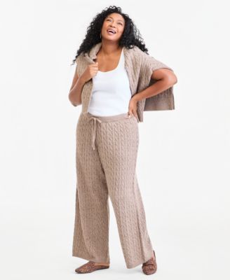 Plus Size Shine Cable-Knit Wide-Leg Sweater Pants