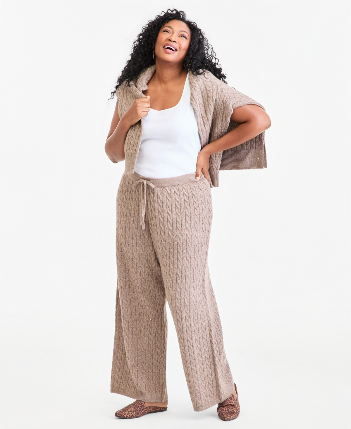 Style & Co Plus Shine Cable-Knit Wide-Leg Sweater Pants, Macy's Exclusive