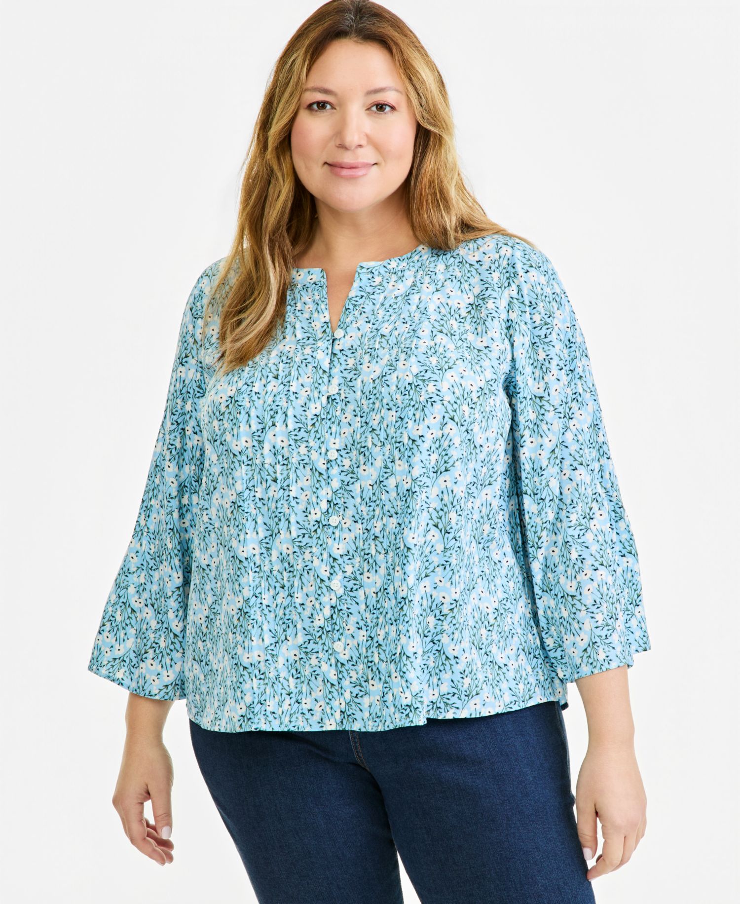 Plus Printed Bell-Sleeve Pintuck Blouse