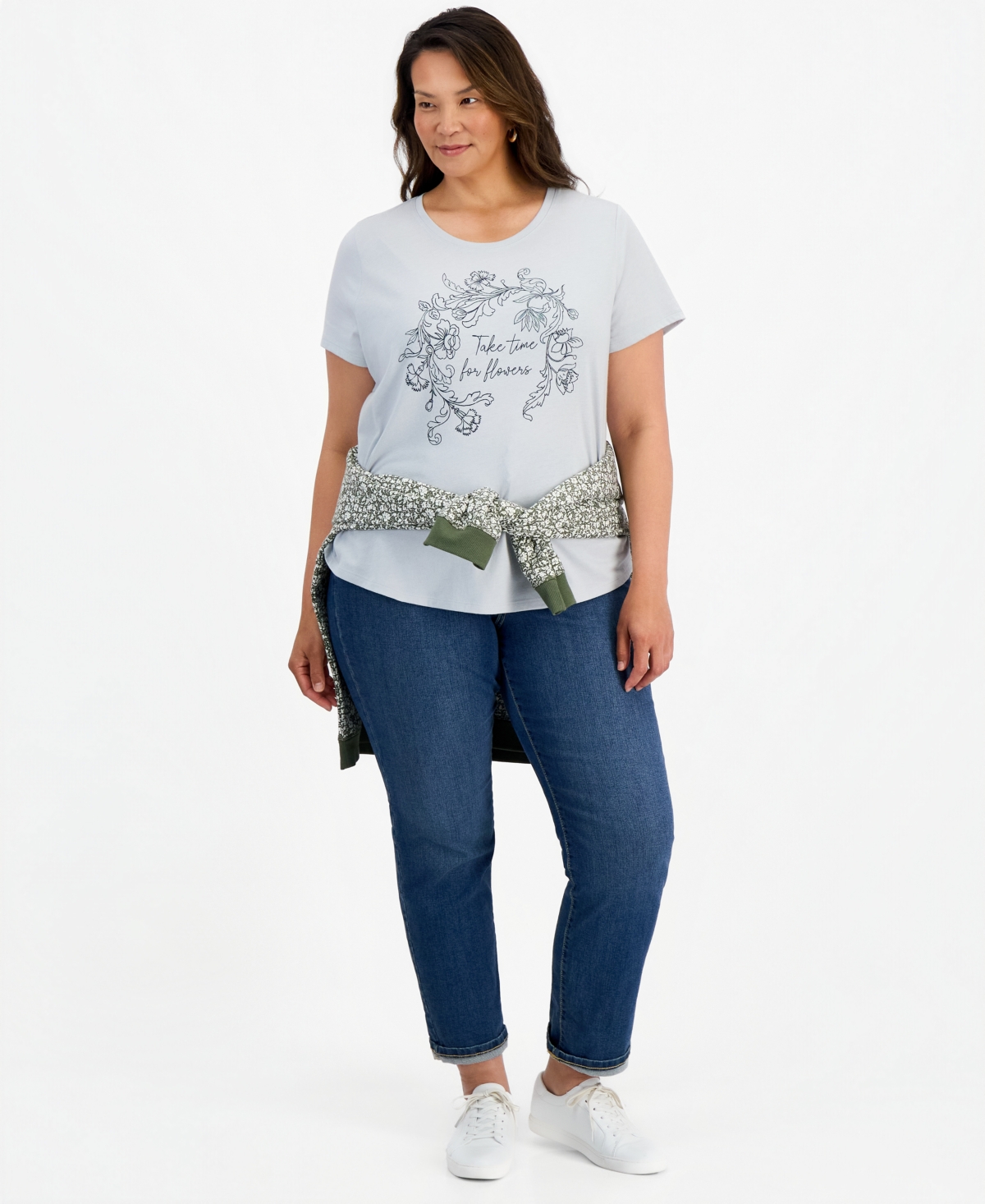 Style & Co. Plus Time For Flowers Graphic Crewneck Curved-Hem T-Shirt, Macy's Exclusive