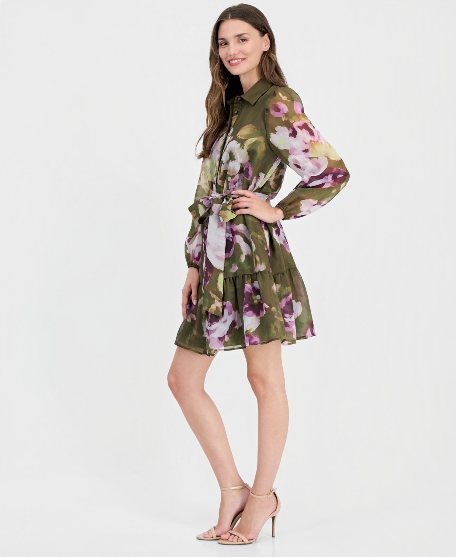 Women's Tiered Chiffon Tie-Waist Shirtdress