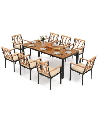 9 PCS Outdoor Dining Table and Chairs Set Table w/ Acacia Wood Top Umbrella Hole