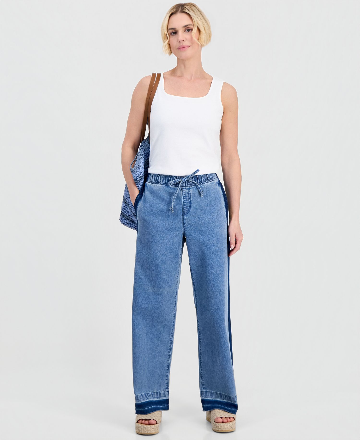 Petite High-Rise Two-Tone Pull-On Wide-Leg Pants