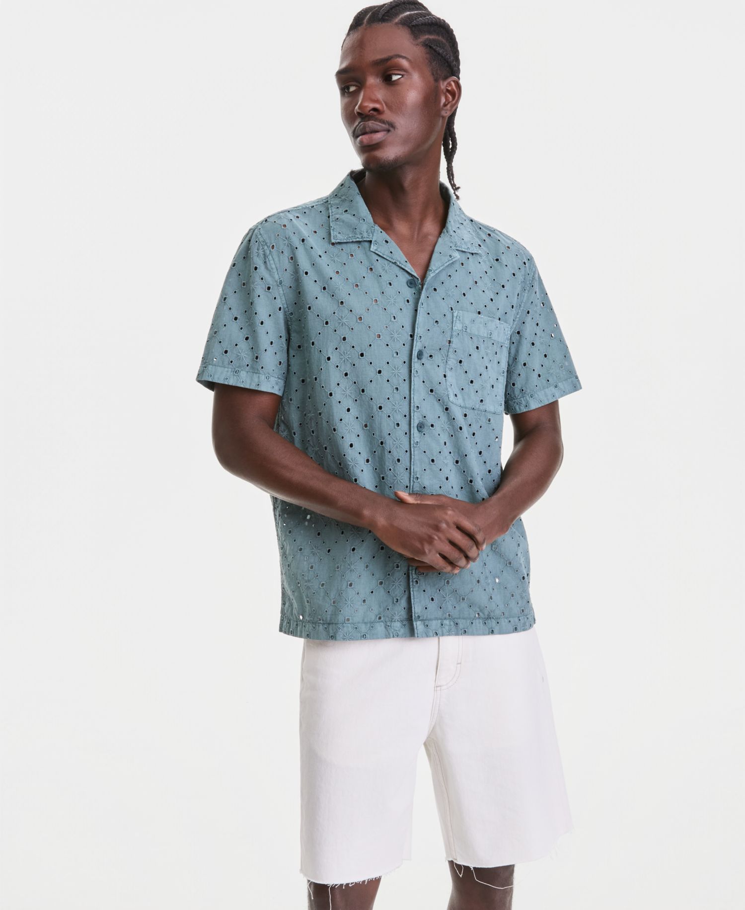 Men's Cotton Eyelet Garment-Dyed Short-Sleeve Camp Shirt
