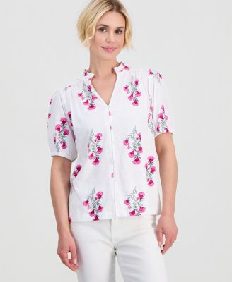 Petite Floral-Print Puff-Sleeve Top
