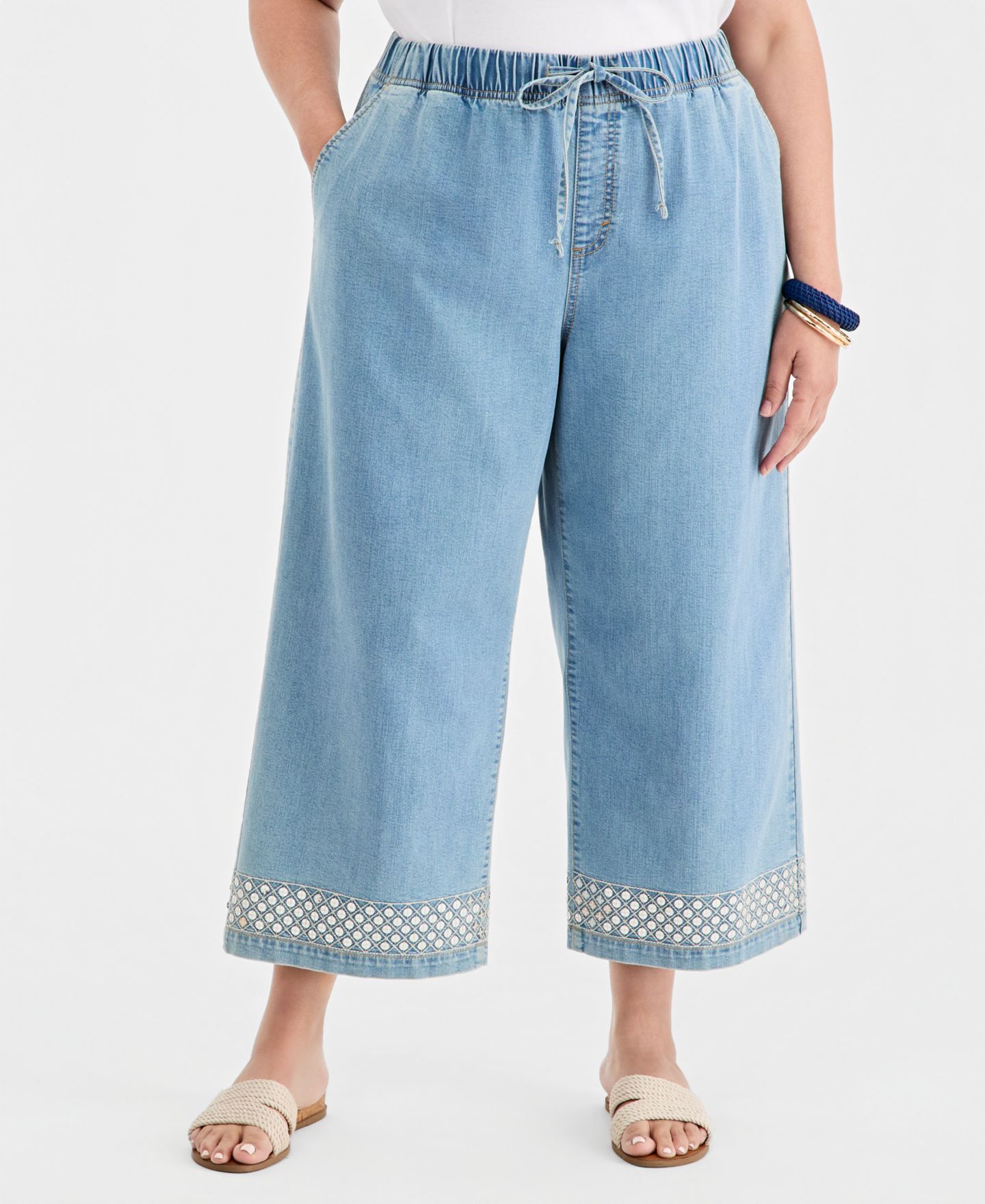Женские джинсы Style & Co Plus Size Sequined Pull-On High-Rise Cropped Wide Leg, цвет: Варёный — фото 6