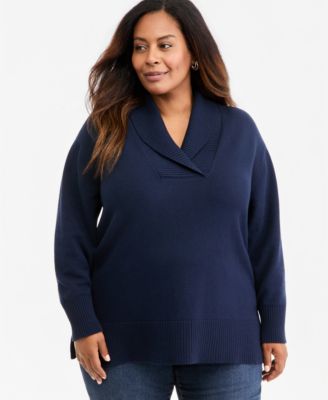 Plus Shawl Collar Cotton-Blend Sweater
