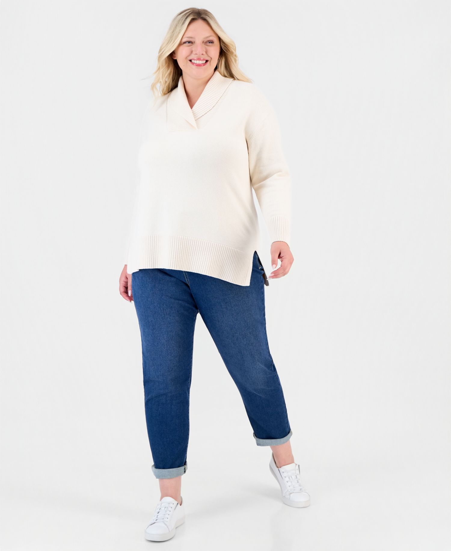 Petite Shawl Collar Cotton-Blend Sweater