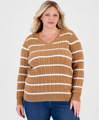 Plus Size Striped Cable-Knit V-Neck Sweater