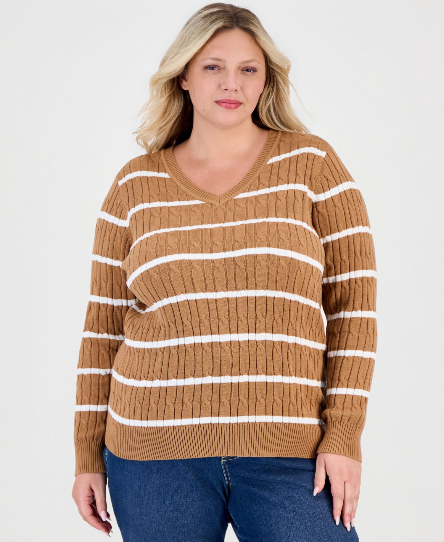 Plus Size Striped Cable-Knit V-Neck Sweater