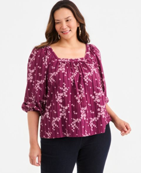 Женский топ Style & Co Printed Square-Neck Cotton Top, цвет: С принтом