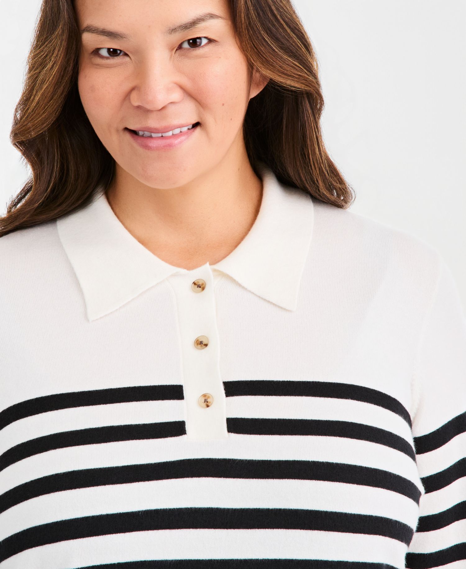 Plus Size Striped Long-Sleeve Polo Sweater