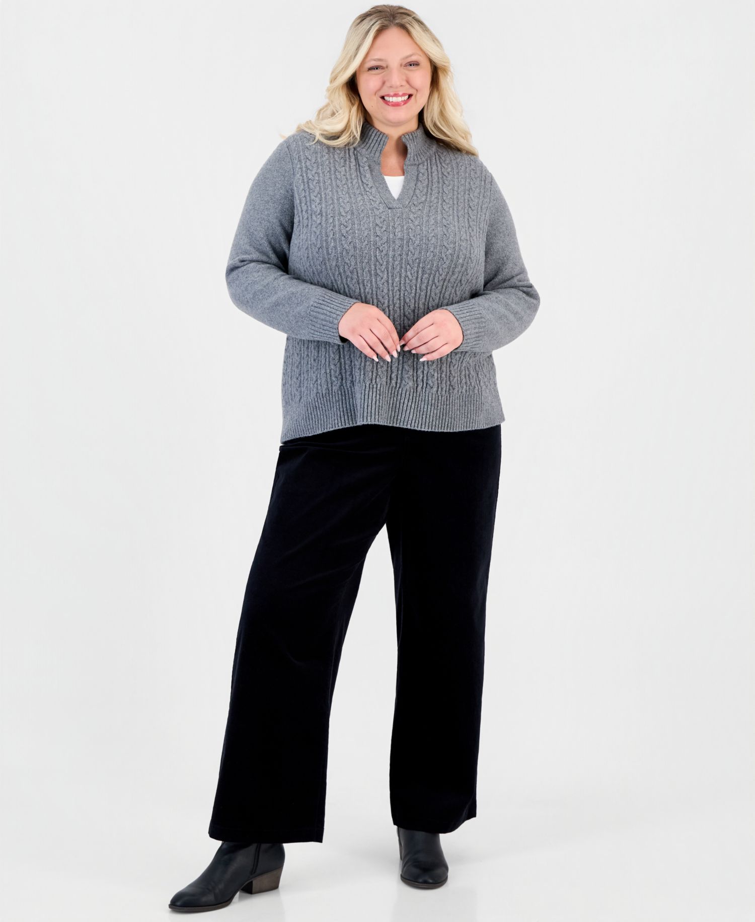 Plus Cable Split Mockneck Long-Sleeve Sweater
