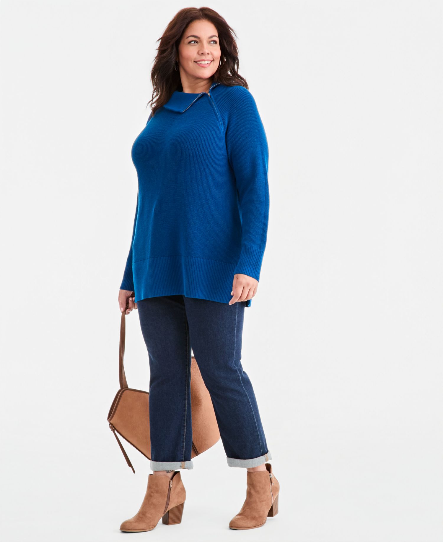 Petite High-Neck Zip Cotton Sweater