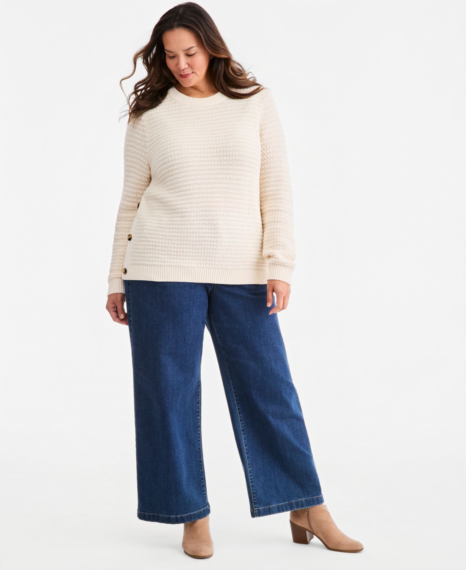 Plus Crewneck Ribbed-Knit Side-Button Sweater