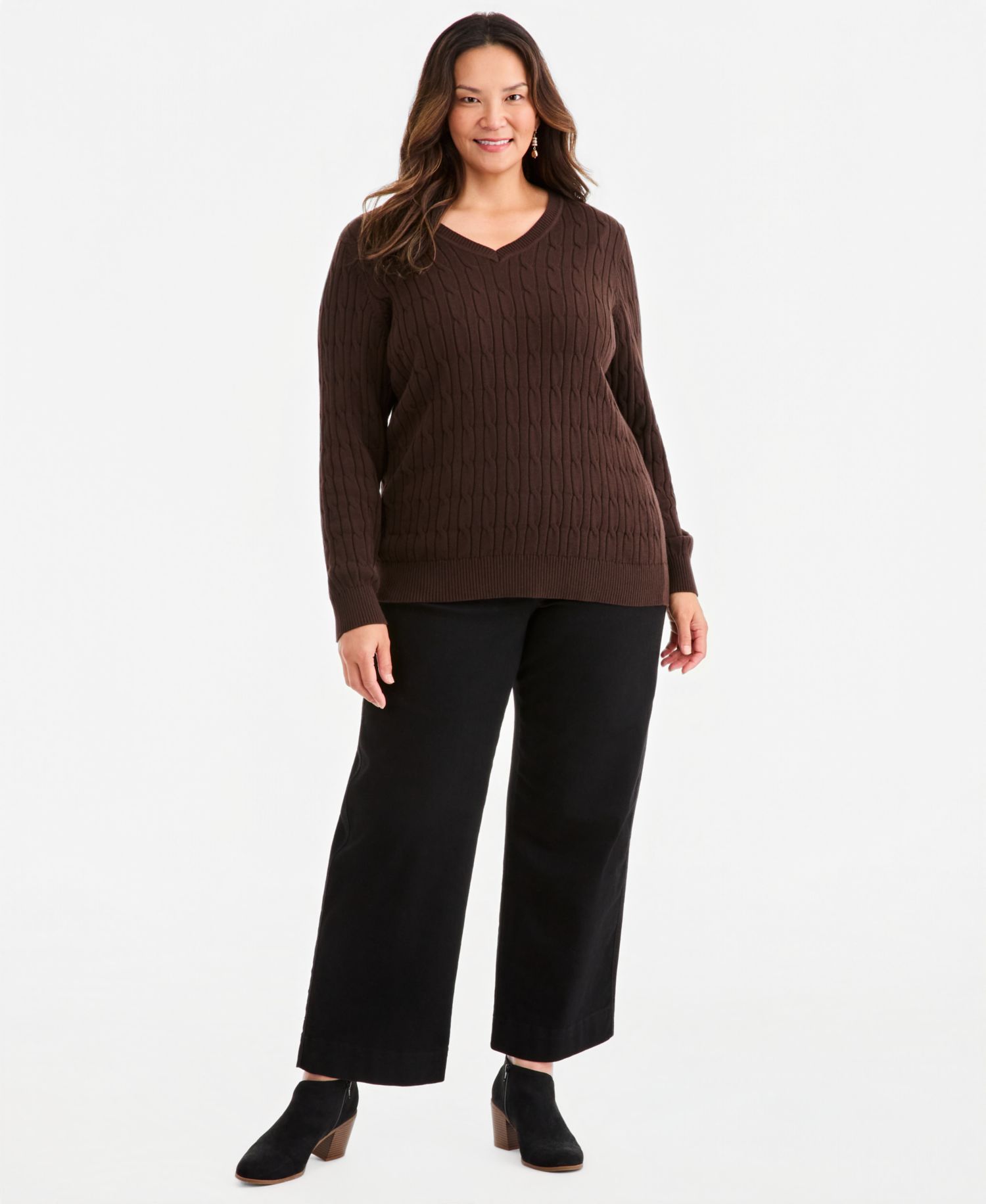 Petite Cotton Cable-Knit V-Neck Sweater