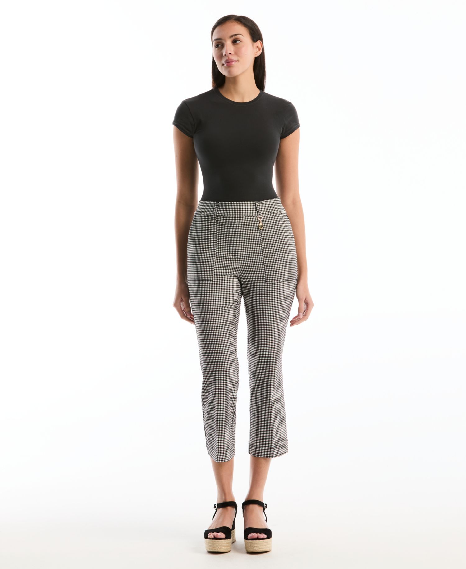 Petite Gingham Print Porkchop Pocket Kick Flare Capri Pants