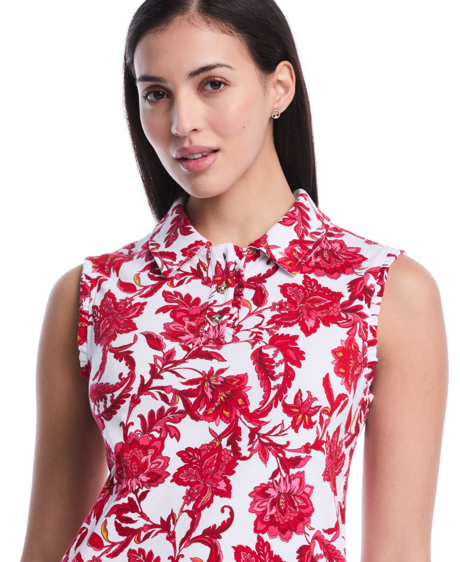Petite Botanical Print Ruffle Trim Sleeveless Polo Shirt