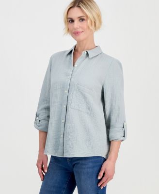 Petite Perfect Button-Front Roll-Tab Cotton Shirt