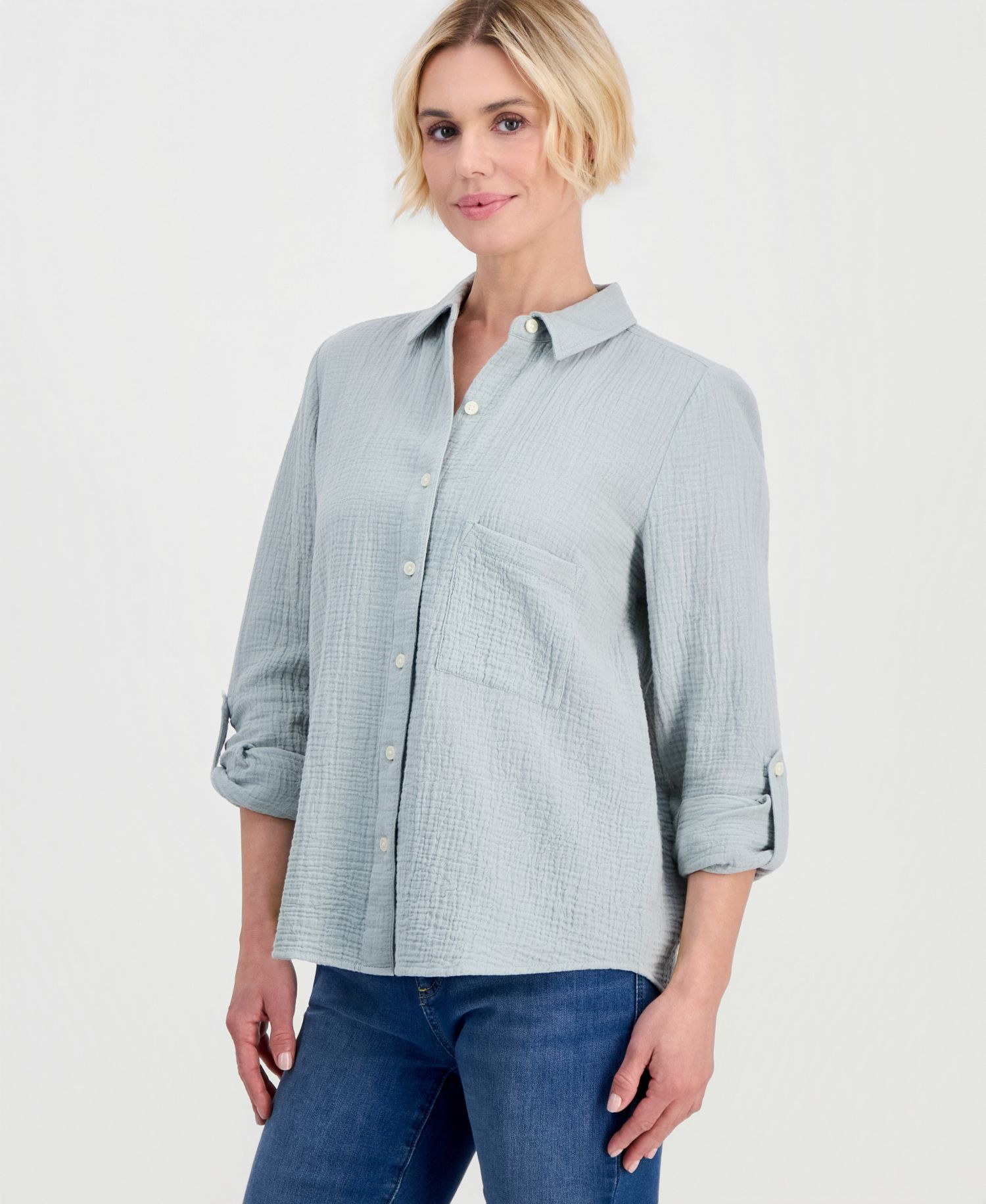 Petite Perfect Button-Front Roll-Tab Cotton Shirt