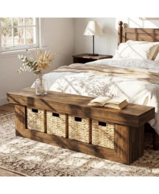 End of Bed Bench with Storage, 63" Thickened Wooden Shoe Bench, Farmhouse Indoor Bench Seat