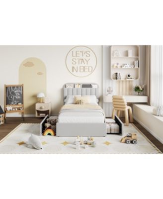 Twin Bed Frame with 2 Drawers, Boucle Upholstered Bed with Bookcase Headboard, Kids Bed, Easy Assembly, No Box Spring, Noise Free