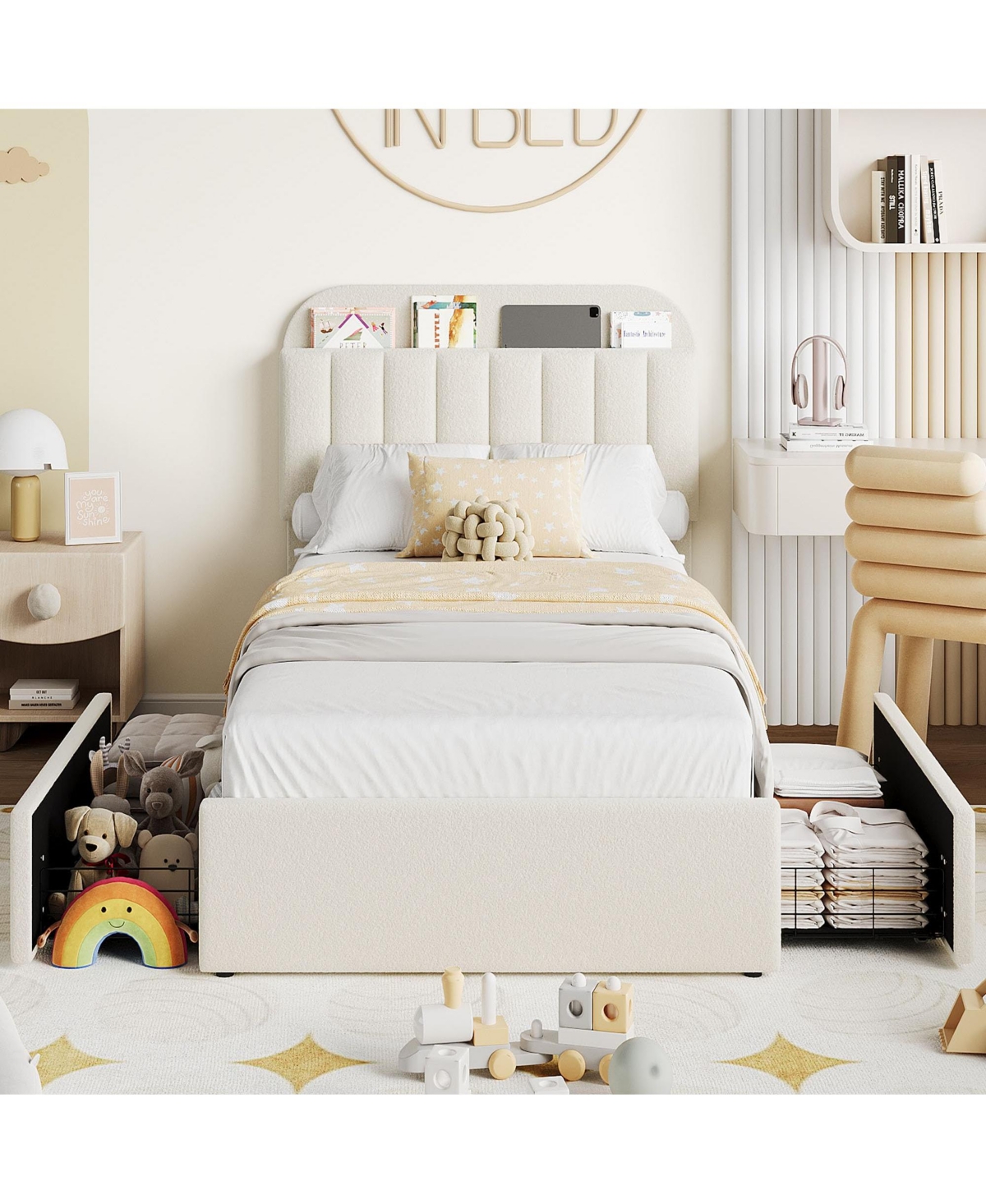 homfan Twin Bed Frame with 2 Drawers, Boucle Upholstered Bookcase Headboard, Kids Bed, Easy Assembly, No Box Spring