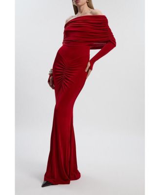 off the shoulder fishtail maxi dress Red Plus Size Drapey Crepe Off The Shoulder Ruched Detail Fishtail Maxi  Dress