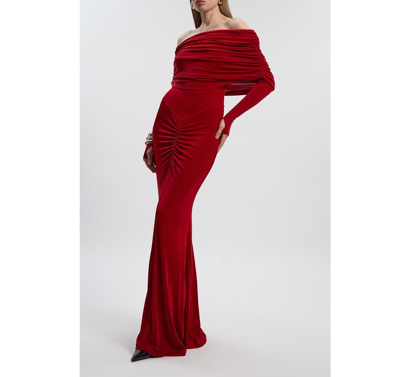 Женское платье Karen Millen Ruched Off Shoulder Fishtail Maxi, цвет: Красный — фото 6