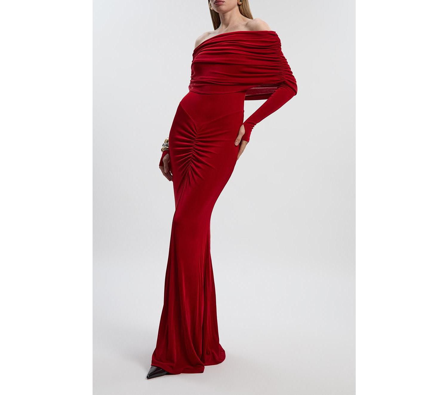 Women's Ruched Off Shoulder Fishtail Maxi Dress