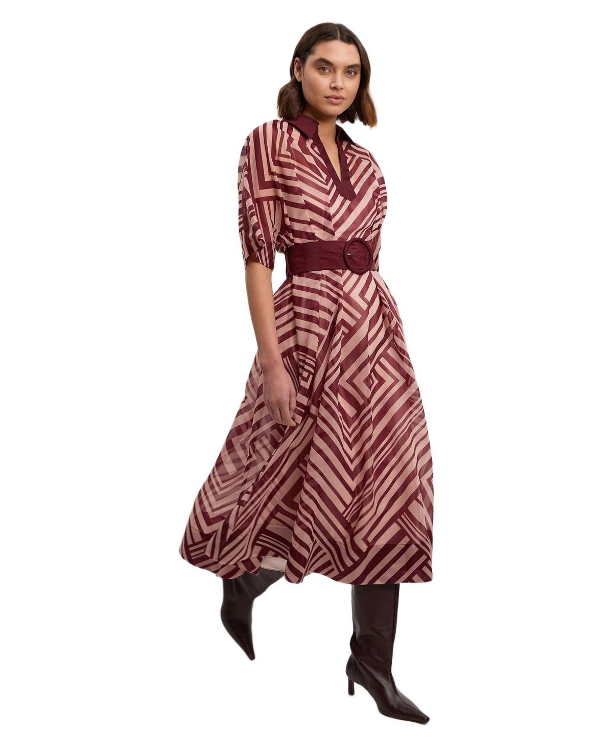 Karen Millen Women's Printed 3/4 Sleeve Plunge Midi Dress - Stripe