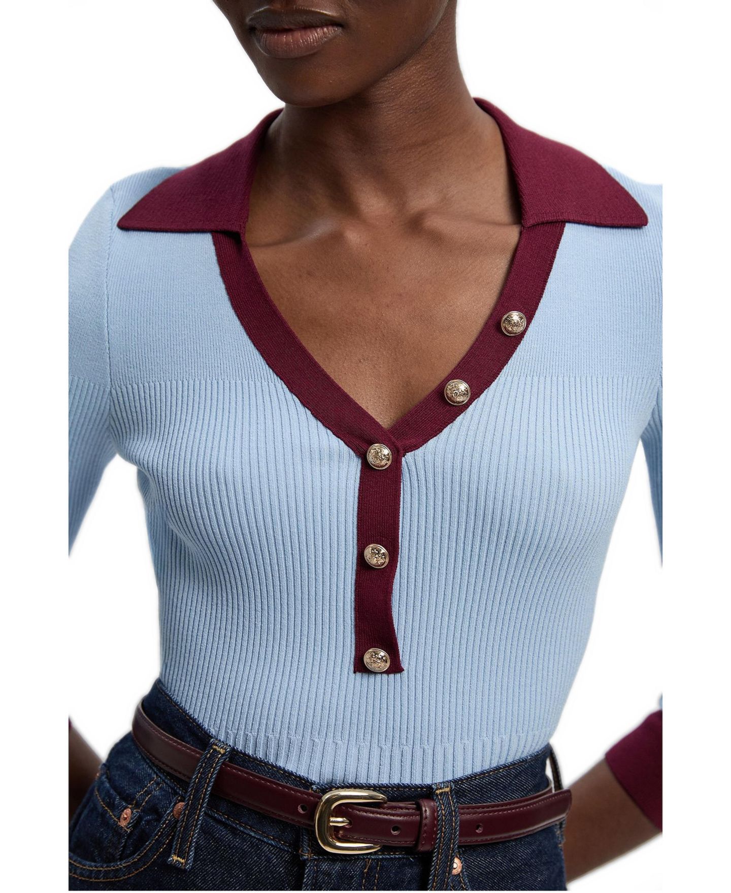 Женский топ Karen Millen Rib Knit Contrast Hem Collared, цвет: Светлый синий — фото 2