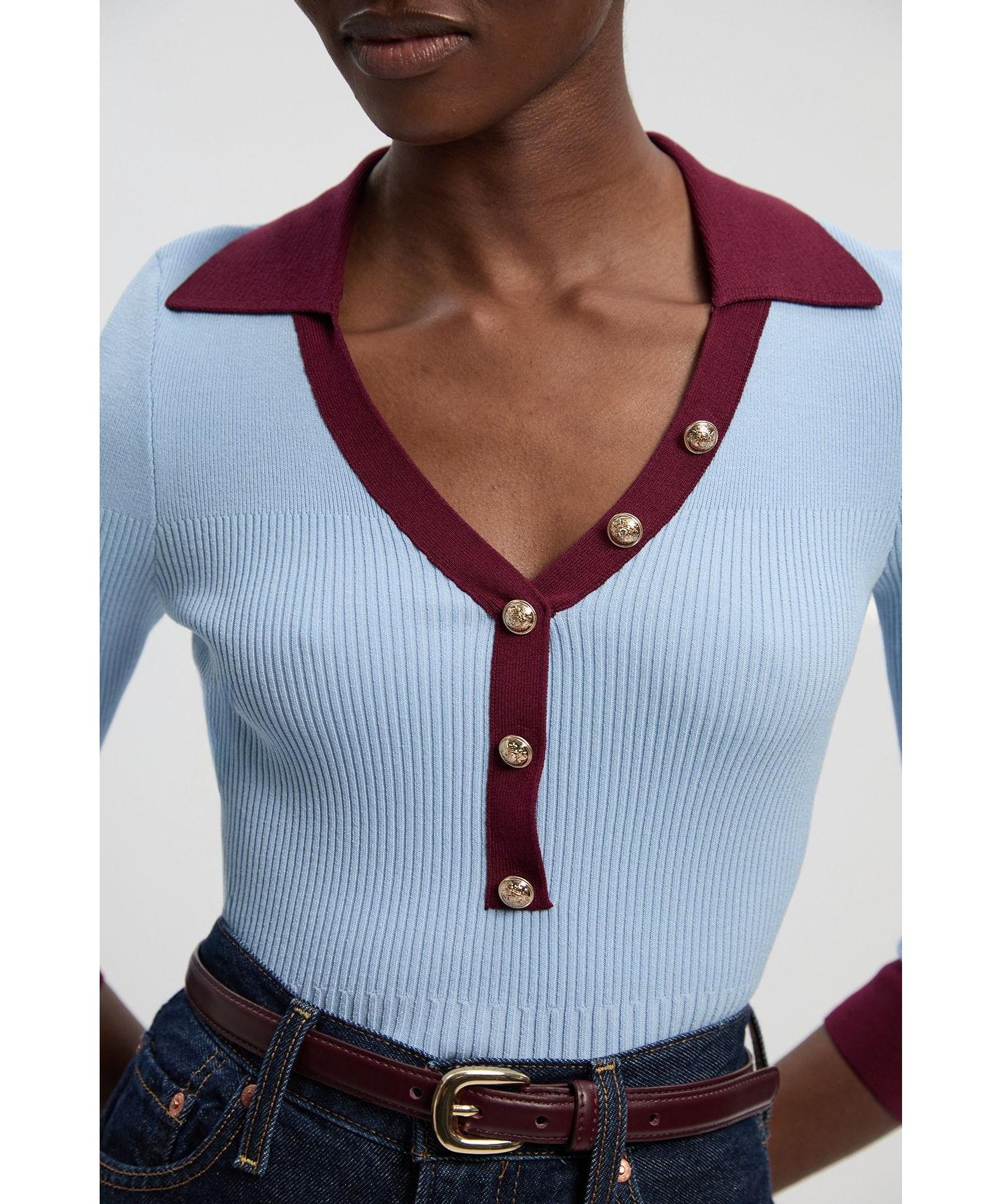 Women's Rib Knit Contrast Hem Collared Top