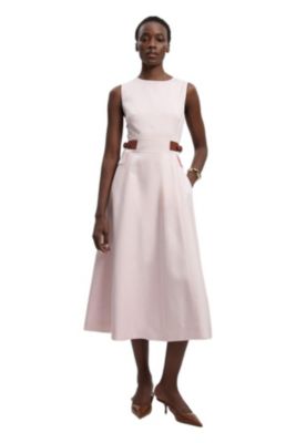 Women's Fitted Belt Crew Neck Midi Dress