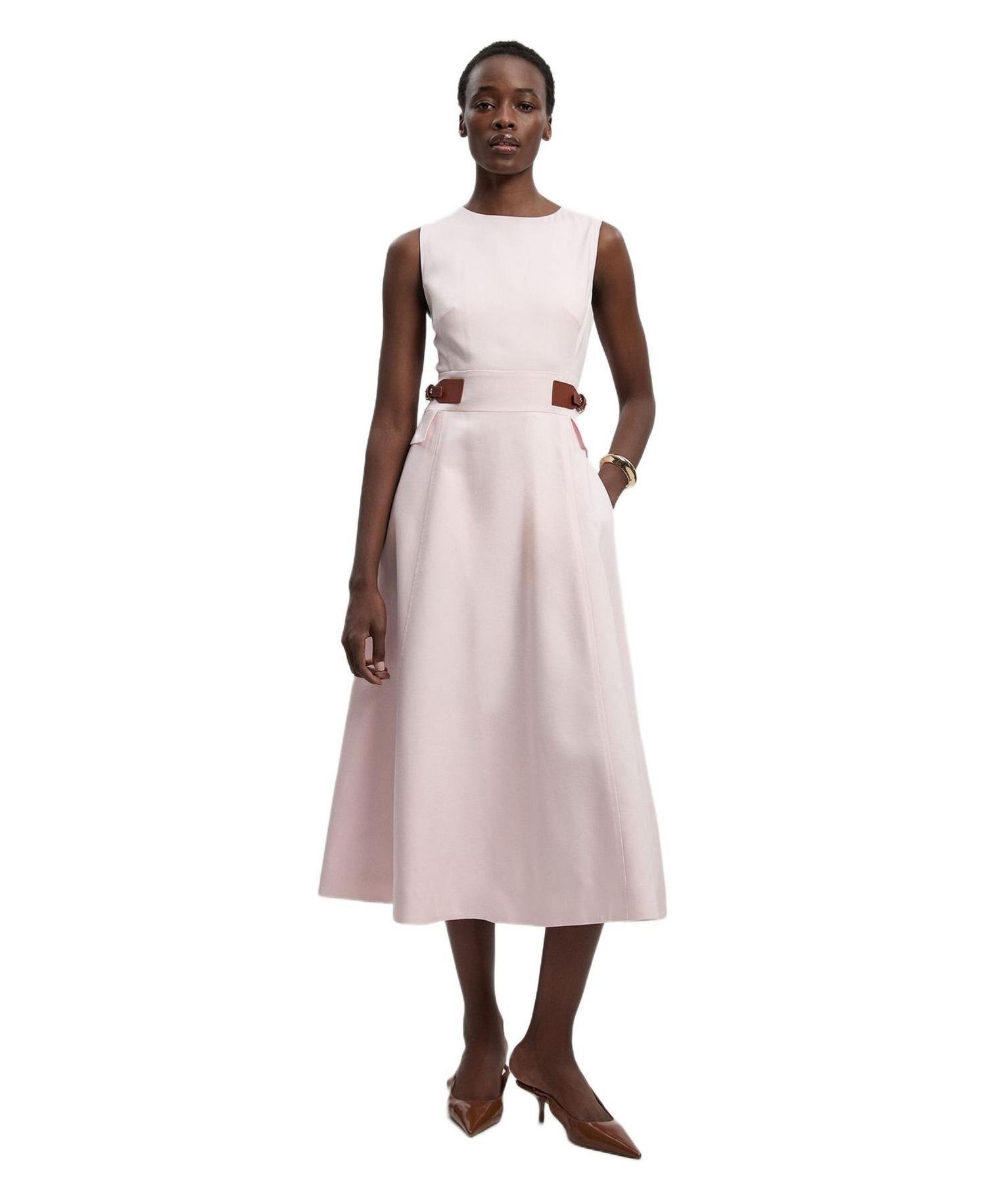 Women's Fitted Belt Crew Neck Midi Dress