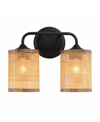 Double Light Vanity Wall Lamp Natural Rattan Shade Modern Wall Sconce for Bathroom Bedroom Living Room