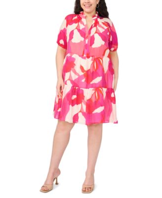 Plus Size Puff-Sleeve Split Crewneck Babydoll Dress