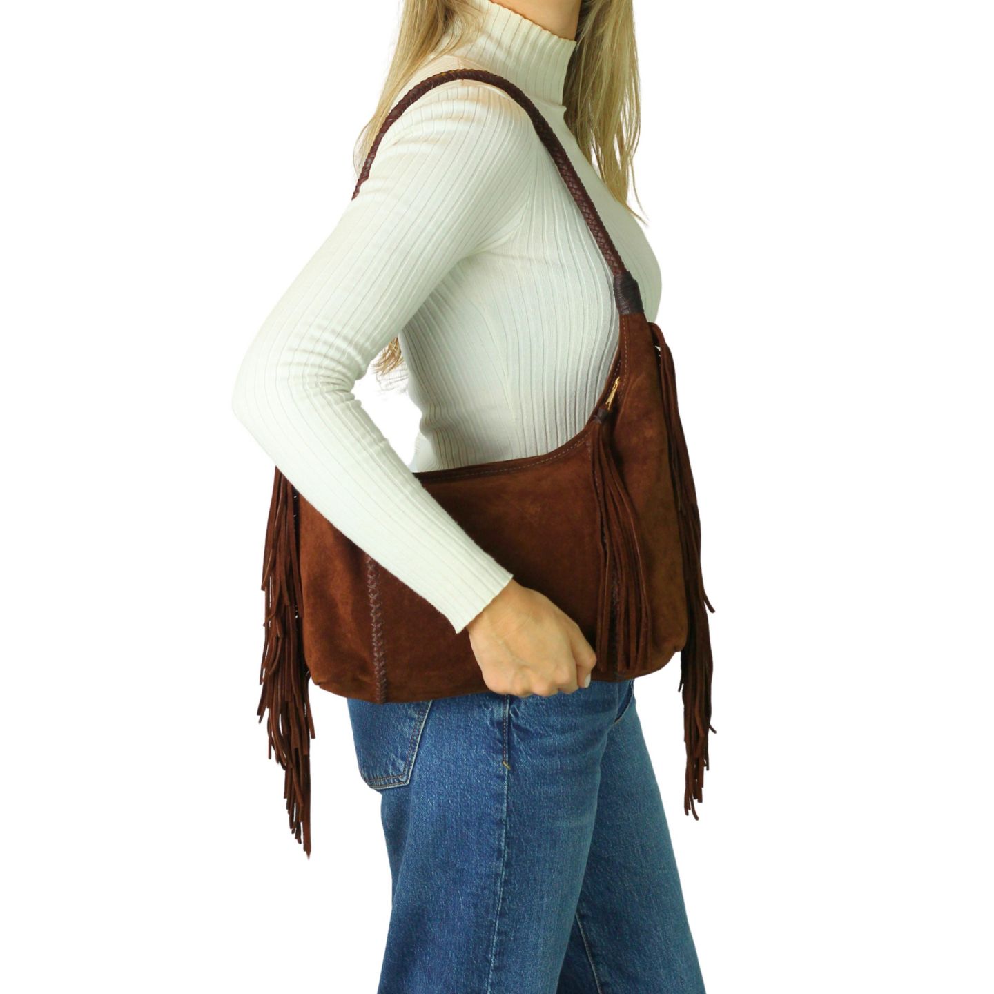 Сумка Carlos Falchi Fringe Suede Hobo, цвет: Кофейный коричневый — фото 6