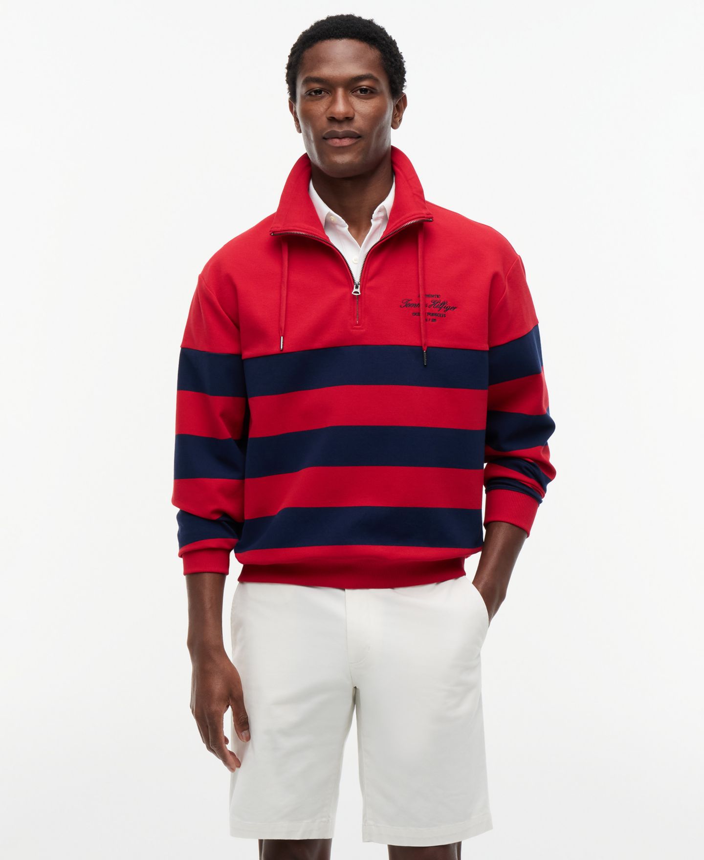 Мужские толстовки Tommy Hilfiger Nautical Block Stripe Quarter-Zip, цвет: Средний красный — фото 1