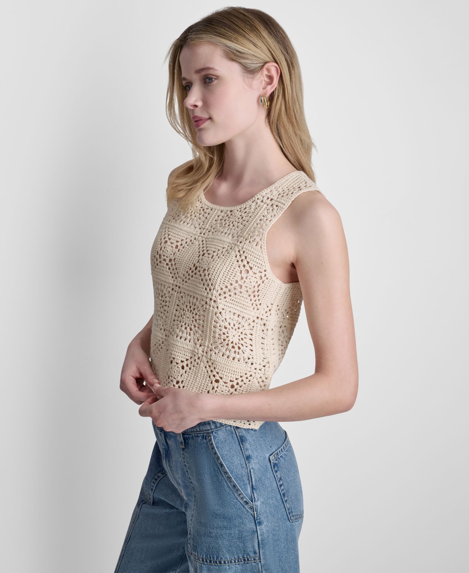 Women's Sleeveless Crochet Square Knit Tank Sweater